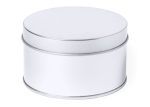 A round, white tin container with a silver lid, suitable for packaging pens or other small items.