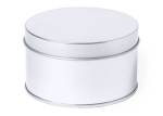 A round, silver-finished tin box with a smooth white exterior and a fitted lid.