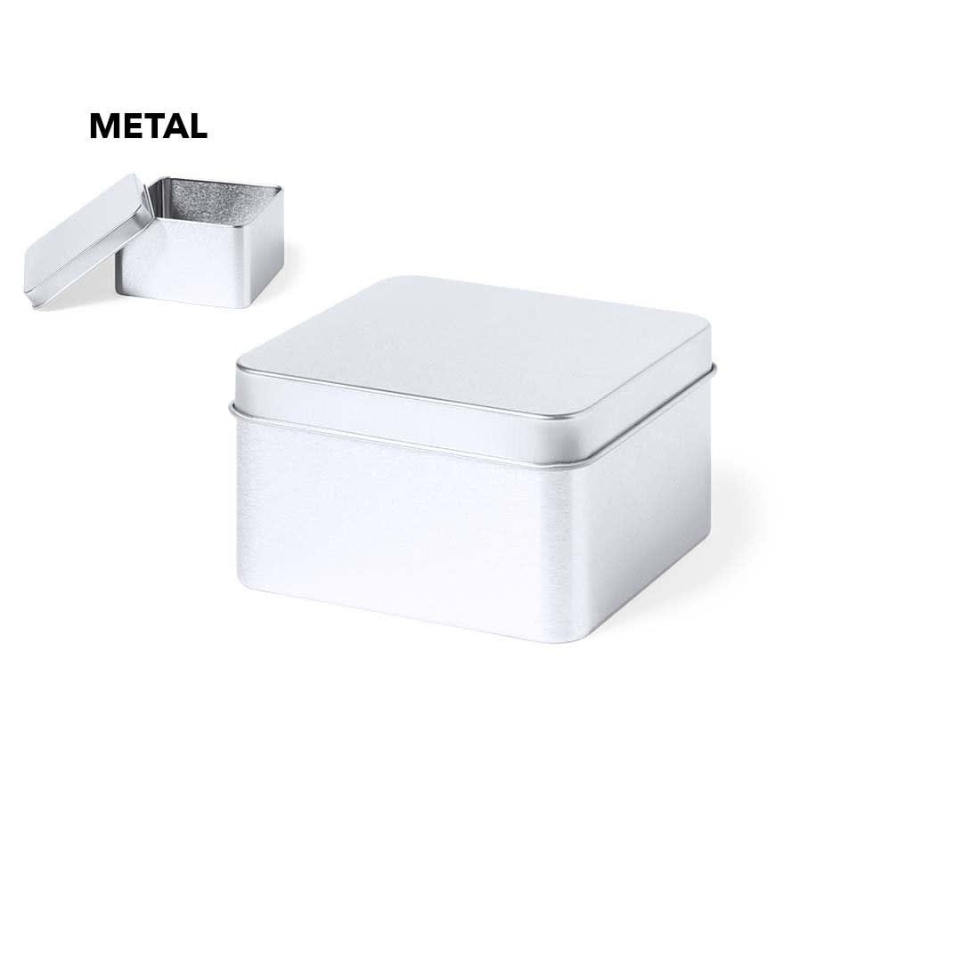 A silver metal gift box with a square shape and a removable lid. A silver metal gift box with a square shape and a removable lid.