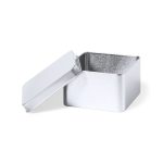 A silver gift box with an open lid, featuring a sleek, metallic finish and square shape.