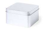 A silver gift box made of metal with a smooth, flat lid, suitable for various contents.