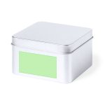 A silver metal gift box with a plain green label on the front.