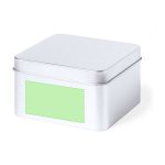 A silver tin box with a flat lid and a green label area. The box has a sleek, metallic finish.