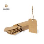 A set of brown, recycled cardboard hangtags with twine, stored in an open box.