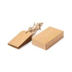 A set of brown gift hangtags tied with jute twine next to a matching rectangular cardboard box.