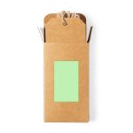 A brown cardboard box with a green tag attached, featuring a string for easy hanging.