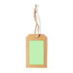 A kraft paper gift tag featuring a light green centre with string for attachment. It has a simple, rustic design.