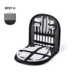 A picnic set featuring stainless steel utensils, plates, and a zippered carrying case in black and white.