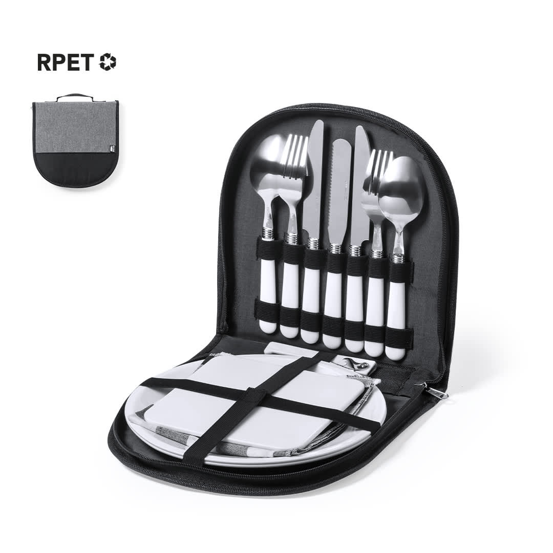 A picnic set featuring stainless steel utensils, plates, and a zippered carrying case in black and white. A picnic set featuring stainless steel utensils, plates, and a zippered carrying case in black and white.