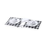 A black and white checkered picnic set with two plates, cutlery, a corkscrew, and a chopping board.