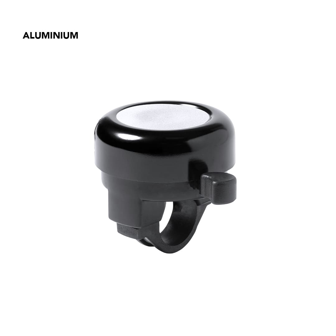 A black aluminium bike bell with a smooth white top surface and a lever for ringing. A black aluminium bike bell with a smooth white top surface and a lever for ringing.