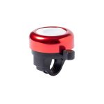 A red and black bike bell with a shiny metallic finish and a lever for ringing. It features a simple design.