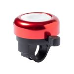 A red bike bell with a metallic finish and a black mount and lever. It features a simple, round design.