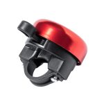 A red Tolfen bike bell with a black base and mounting bracket, featuring a shiny metallic finish.