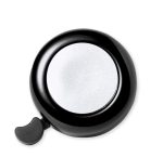 A black bike bell with a shiny silver circular surface and a small lever on the side.