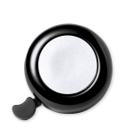 A black bike bell with a shiny silver surface and a small lever on the side. It features a logo.