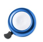 A blue bicycle bell with a shiny silver surface and a black lever for sound.