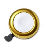 A gold bike bell with a sleek silver centre and a black lever on the side.