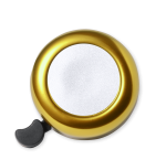 A round bike bell in gold and silver, featuring a black lever on the side.