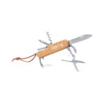 A multifunction pocket knife with silver metal tools and a cork handle, featuring various attachments and a leather strap.