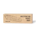 A multifunction pocket knife in a simple brown packaging with a sketch illustration. Features a logo on the box.