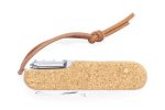 A multifunction pocket knife featuring a cork handle and a leather strap, predominantly in natural tones.