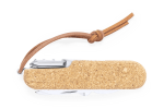 A multifunction pocket knife with a cork handle and a leather strap, featuring various tools and a metallic finish.