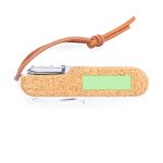A cork-handled multifunction pocket knife with a silver blade and a leather strap. It features a logo.