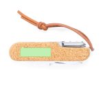 A multifunction pocket knife with a cork handle and a brown leather lanyard. It features a shiny silver tool.