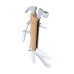 A multitool featuring a wooden handle with metallic components, including a hammer, pliers, and various blades.