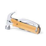 A multitool featuring a steel hammer head and a bamboo handle, showcasing a sleek design with a logo.