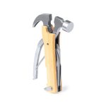 A multitool with a wooden handle and various metal tools, including a hammer and pliers, showcased in a compact design.