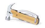 A multitool featuring a silver metal hammer and a wooden handle, designed with various tools and a folding mechanism.