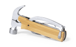 A multitool with a bamboo handle, featuring a hammer, pliers, and various tools in stainless steel.
