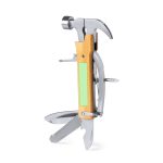 A multitool with a bamboo handle, featuring a hammer, screwdriver, and several other tools in silver.