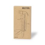 A multitool in a cardboard box featuring a hammer, knife, and saw design. The packaging has a simple, rustic look.
