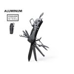 A black multifunction pocket knife with various tools, including blades, scissors, and a corkscrew, featuring a branding logo.