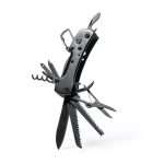 A black multifunction pocket knife with various tools including scissors, a saw, and a bottle opener, featuring a logo.
