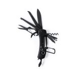 A black multifunction pocket knife with various tools, including a knife, scissors, saw, and a corkscrew, featuring a logo.