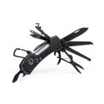 A black multifunction pocket knife with various tools extended, including blades, a saw, and scissors.