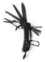 A black multifunction pocket knife featuring various tools, including blades, scissors, and a corkscrew.