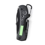 A multifunction pocket knife in black with a green accent, featuring a clip and various tools. It has a logo.