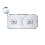 A sunshade featuring a silver finish with two circular sections, each displaying a simple cabin design and logo.
