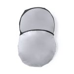 A silver sunshade with a black edge, featuring a circular design and a compact, foldable structure.