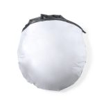 A circular silver sunshade with a black trim, featuring a logo. Suitable for outdoor leisure activities.