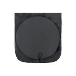 A round black sunshade with a tied opening at the bottom. It features a simple design and has a logo.