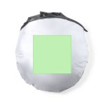A round silver sunshade with a green square in the centre, featuring a black trim around the edge.