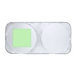 A silver sunshade featuring two circular reflective sections and a square green panel in the middle.