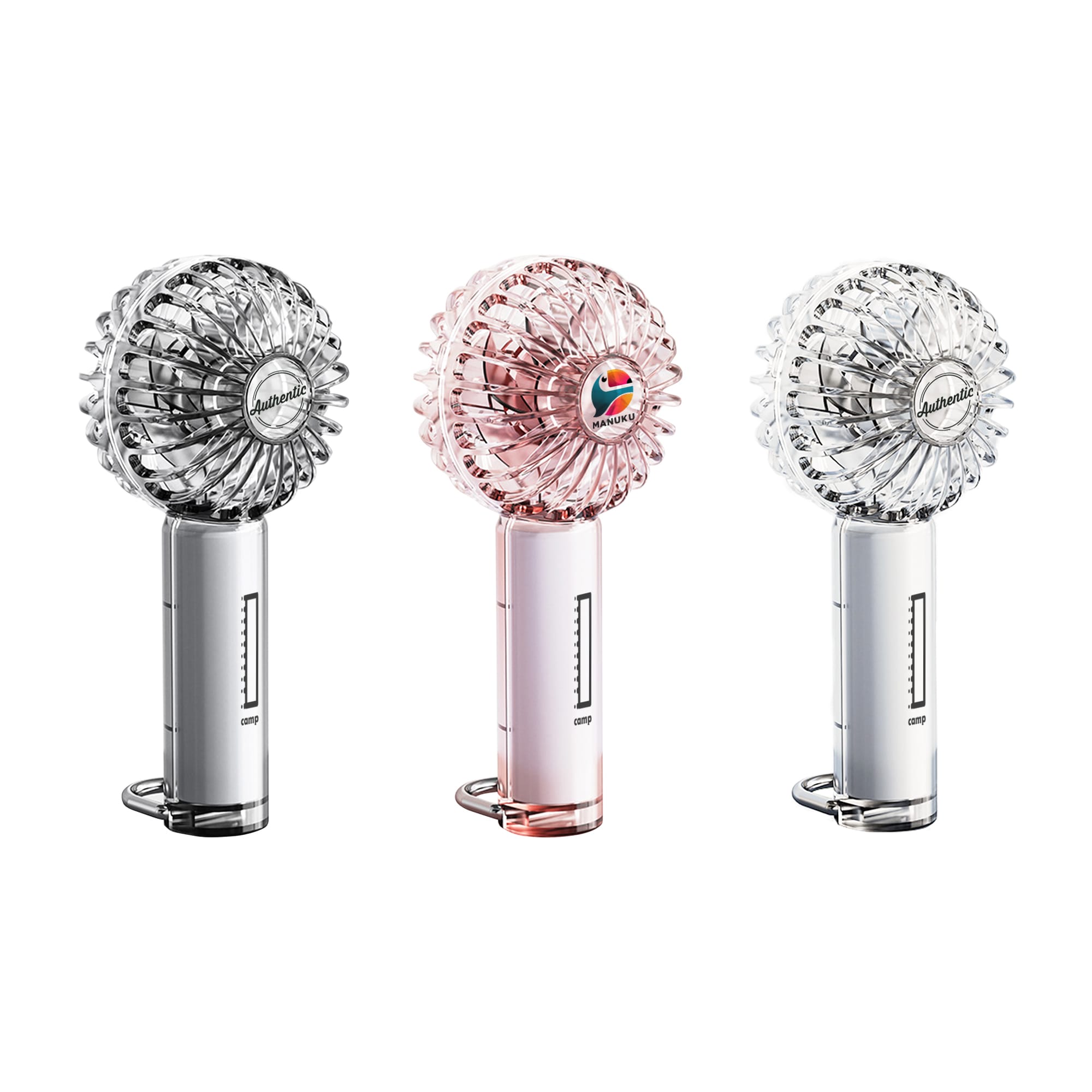 A transparent fan in silver, pink, and clear with a decorative LED light and a logo on the handle. Transparent Fan with LED Light - Image 1