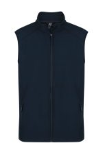 A navy blue men's vest featuring a full zip front and side pockets, designed for workwear use.